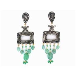 18k Gold and Silver Earrings with Emeralds & Diamonds