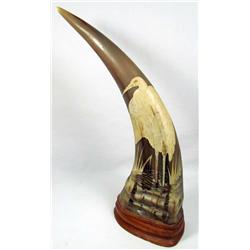 VINTAGE CARVED HORN MOUNTED ON WOOD BASE - SIGNED - POSS. RHINO
