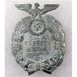 WW2 GERMAN NAZI OCTOBER 1931 SA TREFFEN BADGE W/ THIN HORIZONTAL PINBACK