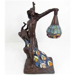 VINTAGE NUDE LADY AND PEACOCK LEADED GLASS LAMP