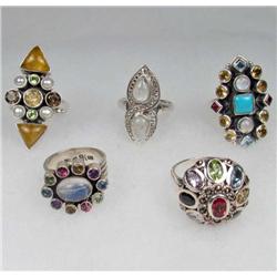 LOT OF 5 STERLING SILVER AND GEMSTONE ESTATE JEWELRY RINGS
