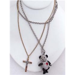 LOT OF 2 ESTATE JEWELRY PENDANTS W/ CHAINS - PANDA BEAR AND CROSS