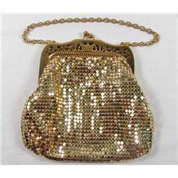 VINTAGE WHITING AND DAVIS GOLD MESH PURSE W/ LINING.