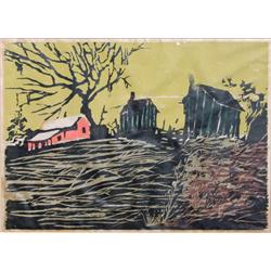 Alvin Dunkle, Red Barn in Landscape, Woodcut