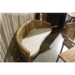 CURVED BACK TEAK BENCH SEAT WITH CUSHIONS