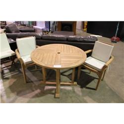 ROUND TEAK PATIO TABLE & 2 CHAIRS WITH CUSHIONS