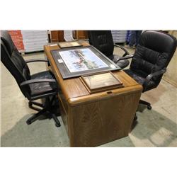 OAK DESK CREDENZA & 3 OFFICE CHAIRS