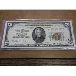 1929 US $20 NATIONAL CURRENCY MINNEAPOLIS