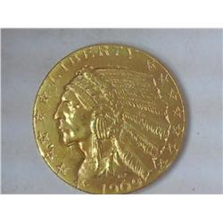 1909 $5 GOLD INDIAN NICS ON REVERSE BY RIM