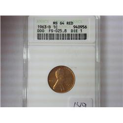 1963-D DDO DIE 1 LINCOLN CENT ANACS MS64RED