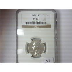 1964 WASHINGTON SILVER QUARTER NGC PF69