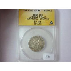 1853 SEATED LIBERTY QUARTER ANACS (EF45 DETAILS)