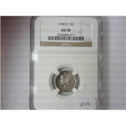 1938-D MERCURY DIME NGC (AU58) TONED