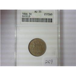 1866 SHIELD NICKEL ANACS (AU55)