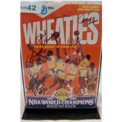 Wheaties Box Signed By 1987-88 LA Lakers. NBAChamps. Includes Hearn, Magic, Buss, Rambis, Coooper.