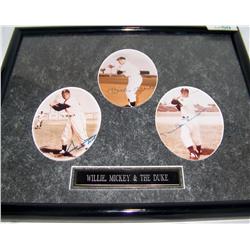Custom Framed Signed Photo of Mickey Mantle,  Duke Snider, and Willie Mays.