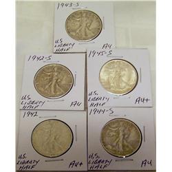 (5X the Money) GEM Liberty Halves. Au-Au+. 1942, 1942-S, 1943-S, 1944-S, 1945-S.