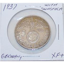 1937 German 5 Mark,  Silver with "Swastika".