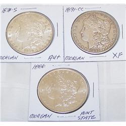 (3X the Money) Morgan Dollars. XF-MS 1891-CC, 1878-S, 1886.