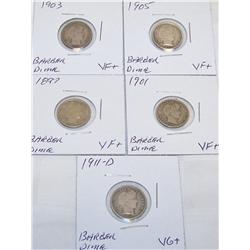 (5X the Money) Choice Barber Dimes VG+- VF+ 1897, 1903, 1901, 1905, 1911-D