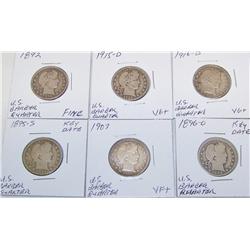 (6X the Money) US Barber Quarters VG-Fine 1892, 1895-S, 1896-O, 1907, 1915-D, 1916-D.