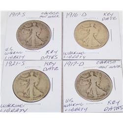 (4X the Money) Walking Liberty Halves. All Rare Key Dates. 1916-D, 1917-D, 1917-S, 1921-S.