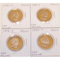 (4X the Money) Rare Proof SBA Dollars. 1979-S, 1980-S, 1981-S, 1999-S.