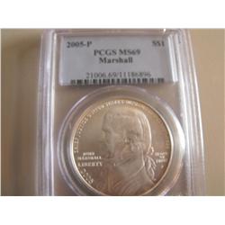 PCGS MS 69 $1 MARSHALL SILVER 2005 WITH ORIGINAL BOX/PAPERS