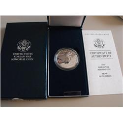 STUNNING $1 SILVER KOREAN WAR COMMEMORATIVE US MINT PAPERS & BOX