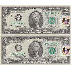 2 CONSECUTIVE $2 FIRST DAY ISSUE FRN 1976 STAMPED