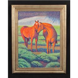 Ed. McCarthy Pointillism Oil Painting "Red Horses"