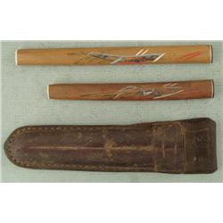 WWII JAPANESE MINI-WOODEN SCABBARDS IN LEATHER HOLDER.