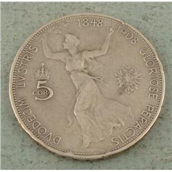 Austria 1908 5 Corona Silver Coin