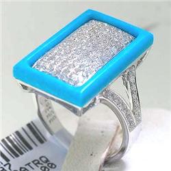 14K White Gold Rectangular Turquoise Diamond Ring Sz 7