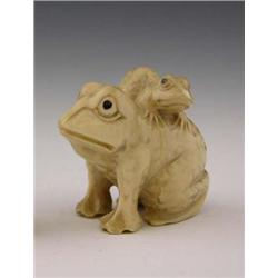Carved Ivory Netukes early 20th c of a frog with a ba