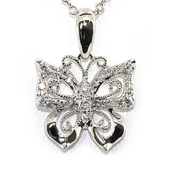Genuine 0.1 Ctw White Diamond Butterfly Necklace 14K White Gold 16" 2.24G