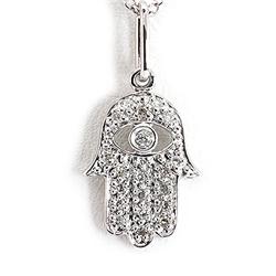 Genuine 0.09 Ctw White Diamond Hamsa Necklace 14K White Gold 16" 1.76G