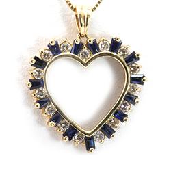 Genuine 0.35Ctw White Diamond & 0.75 Ctw Blue Saphire Heart Necklace 14K Yellow Gold 16" 2.54G