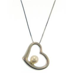 Genuine  14Kt White Gold Heart With Pearl Box Chain 16"  2.0 Grams Diamond Necklace