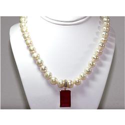 Genuine 29.77 Ruby & Diamond Necklace - 11-12mm White Freshwater Pearl