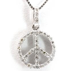 Genuine 0.16 Ctw White Diamond Peace Sign Necklace 14K White Gold 16" 0.83G