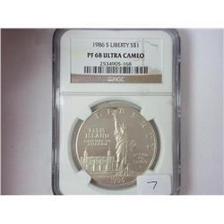 1986-S LIBERTY SILVER DOLLAR NGC PF68 ULTRA CAMEO