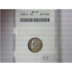 1958-D ROOSEVELT DIME ANACS MS67