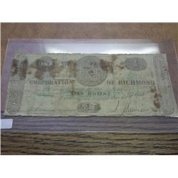 1867 $1 RICHMOND OBSOLETE CURRENCY