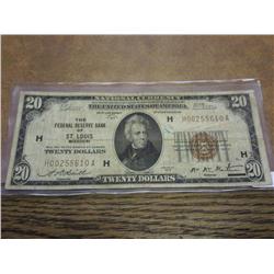 1929 US $20 NATIONAL CURRENCY ST. LOUIS