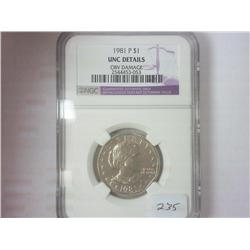 1981-P SBA DOLLAR NGC UNC DETAILS OBV. DAMAGED