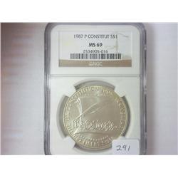1987-P CONSTITUTION SILVER DOLLAR NGC MS69