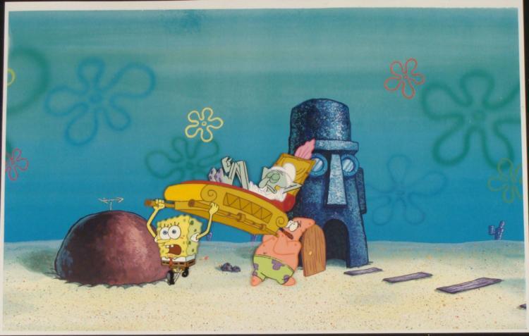 SpongeBob Orig Animation Cel Carry Sleeping Squidward