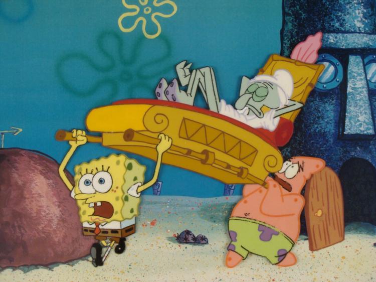 SpongeBob Orig Animation Cel Carry Sleeping Squidward