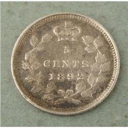 Canada 1892 Silver 5 Cent -Strong Coin, Good Detail